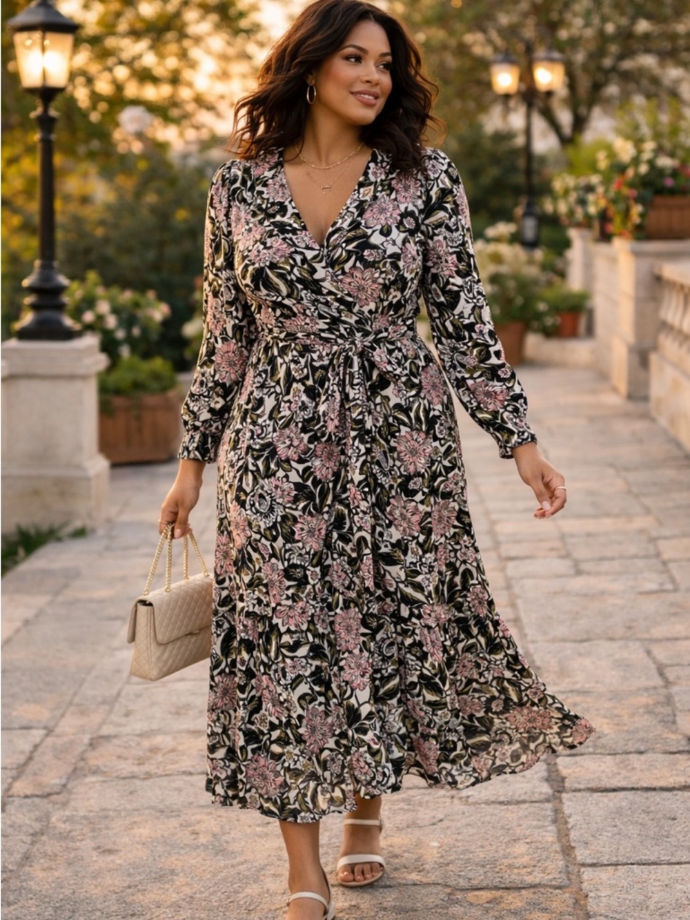 Atelier Reve Floral Midi Dress Cream Black Pink Size 42 Boho Romantic